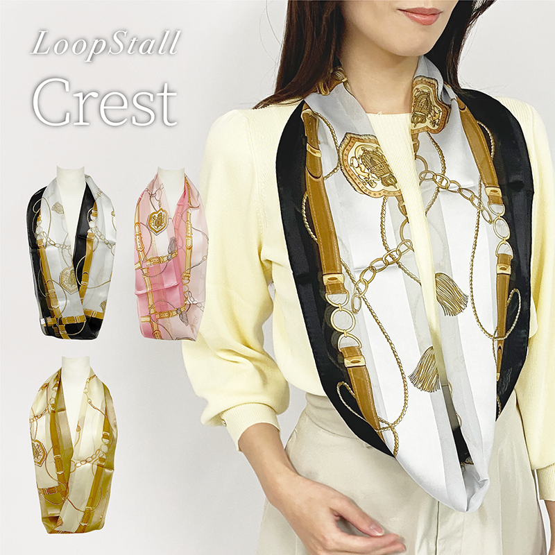 日本製 横浜シルクKINUWAループストール サテンストライプ クレスト柄