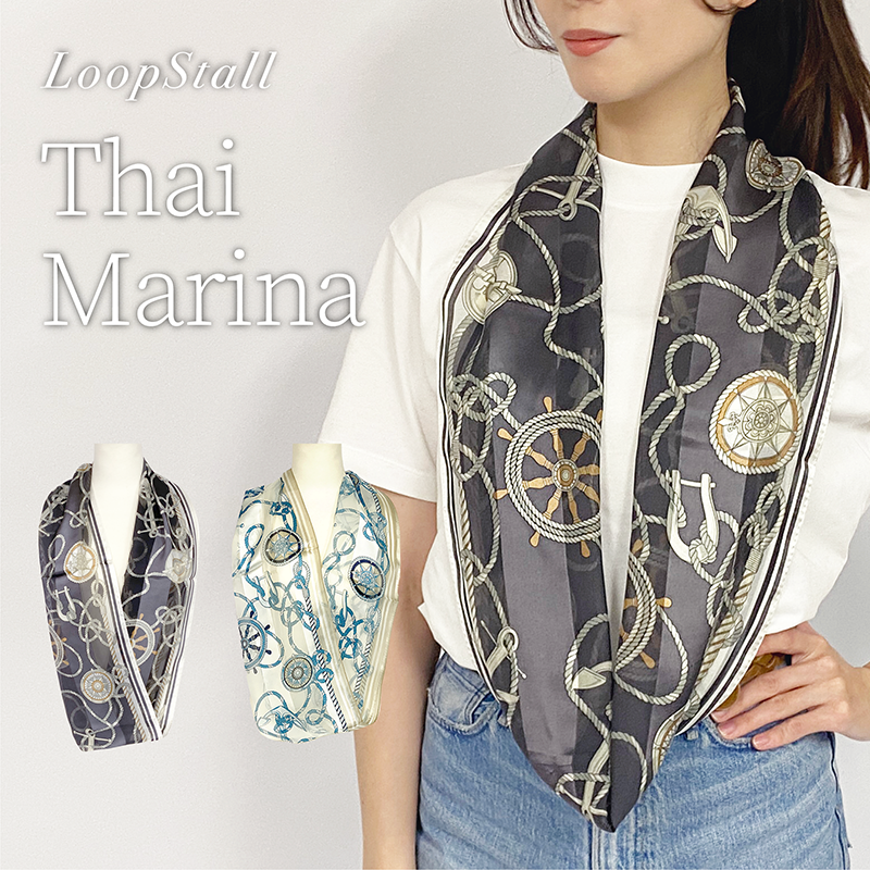 日本製 横浜シルクKINUWAループストール サテンストライプ タイマリーナ柄